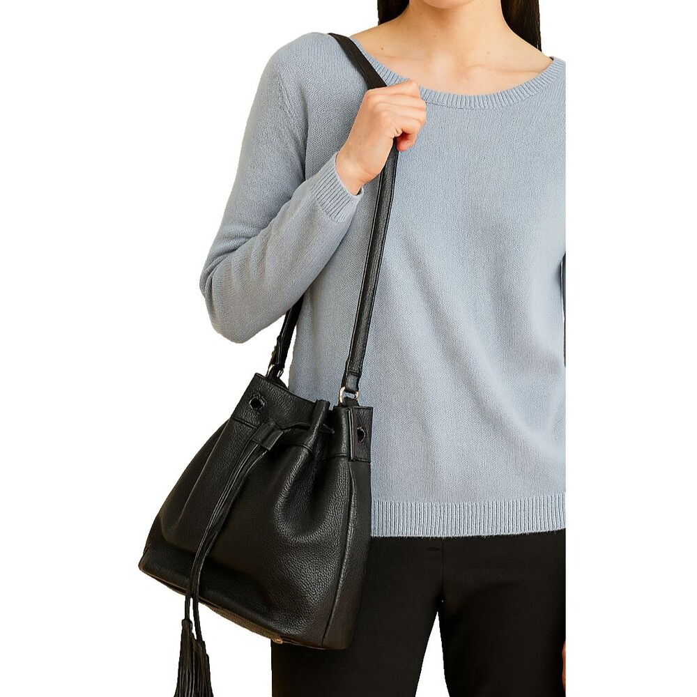 C Wonder Bucket Shopper Drawstring Tote Bag Shoulder Bag Black Pebbled Leather